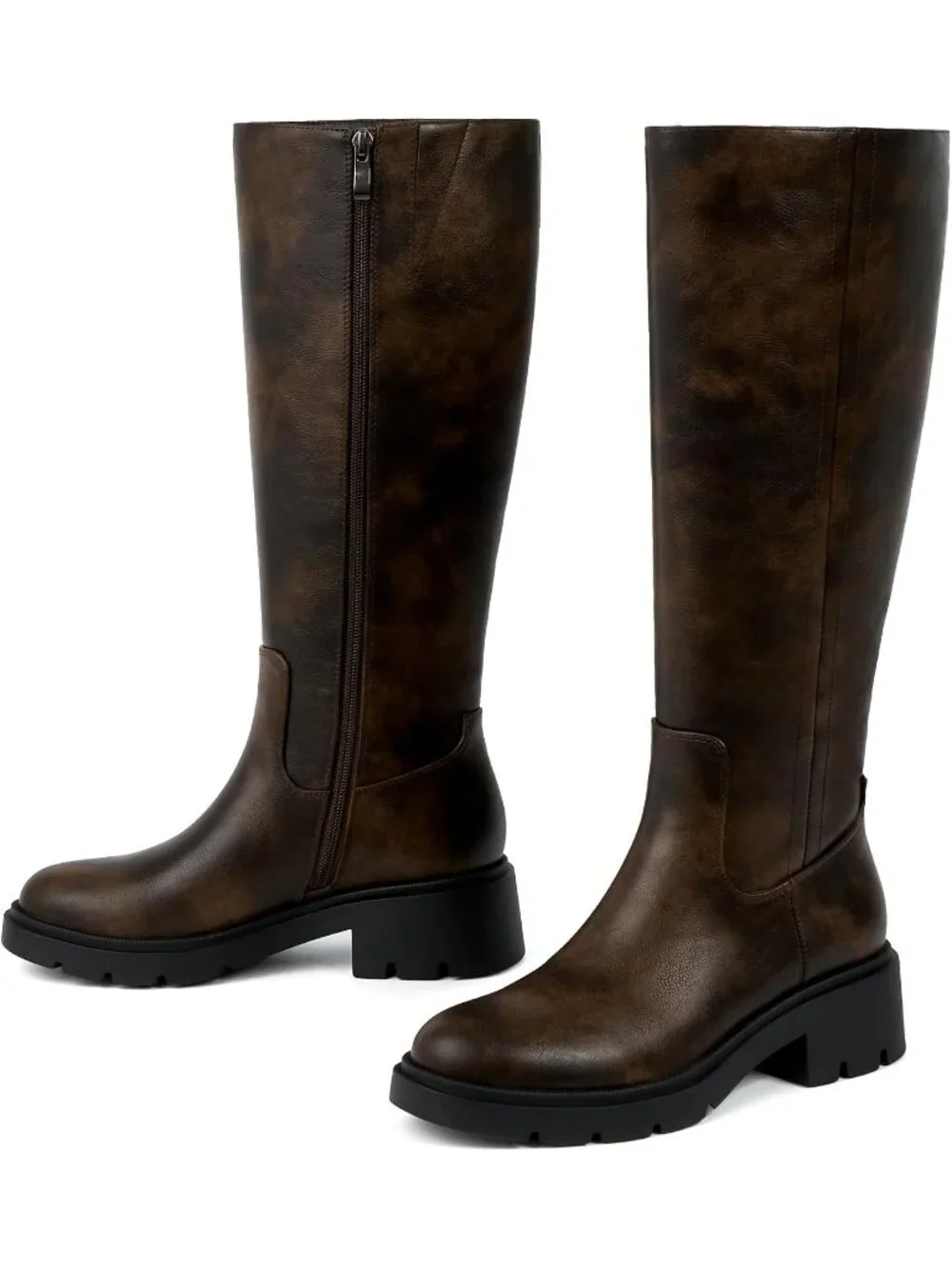 Women's Chocolate Faux Leather Wide Calf Round Toe Low Heel Side Zipper Boots